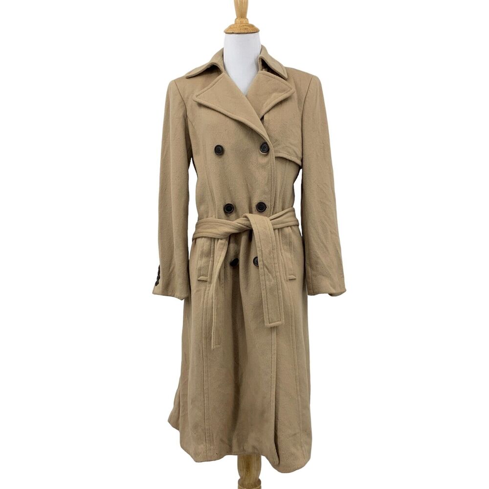 J Crew Trench Coat Women 4 Camel Wool Satin Shoulder Pads Blazer *READ CONDITION